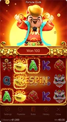 Fortune Gods · Mengenali simbol khusus WILD dan status putaran ulang pada gulungan.