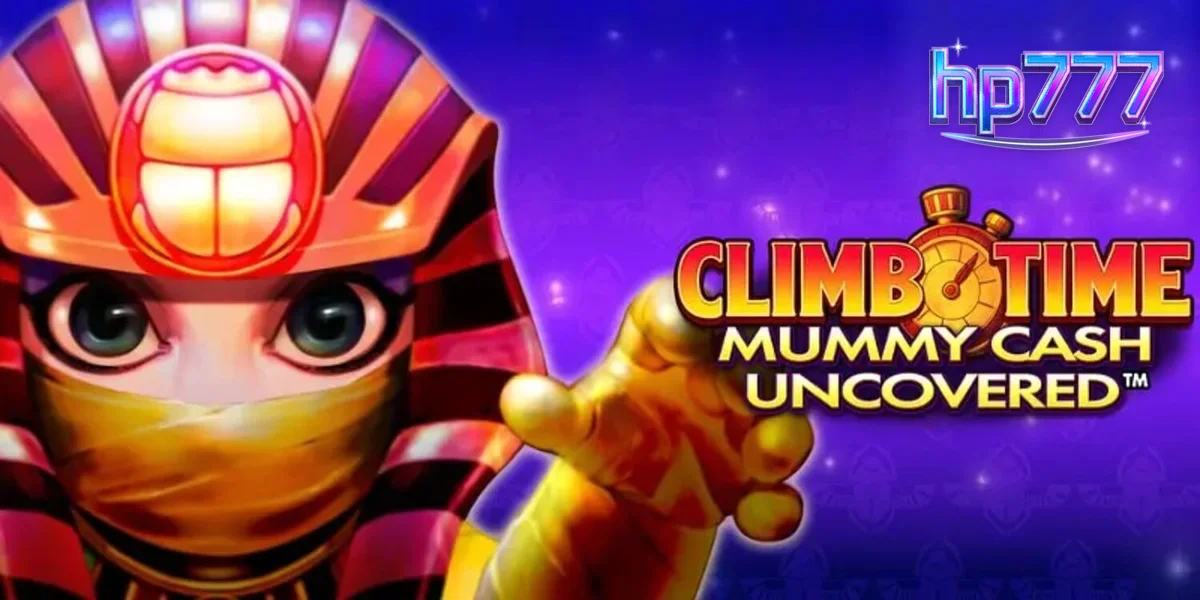 Tampilan visual slot Climb Time Mummy Cash Uncovered dengan latar belakang malam Mesir